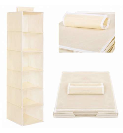 Organizator suspendat pliabil cu 6 compartimente, 30x30x120 cm, culoare crem