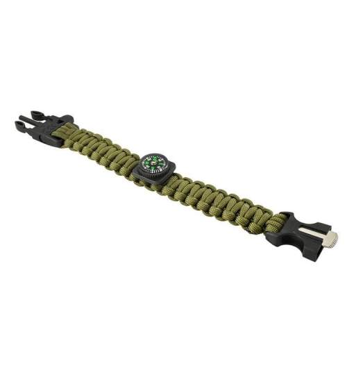 Kit Supravietuire tip Bratara 5 in 1 Paracord, Busola, Fluier, Franghie, Cutit si Cremene pentru aprindere foc, verde