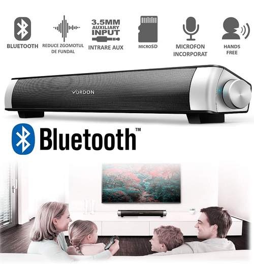 Boxa Bluetooth Soundbar Portabila, Microfon Incorporat, AUX, USB, MicroSD, Conectare fara Fir la PC, TV, Telefon HandsFree, Laptop, Vordon 2x5W Premium Silver