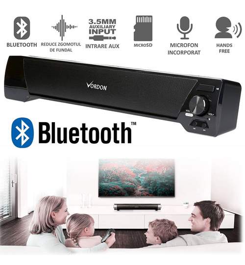 Boxa Bluetooth Soundbar Portabila, Microfon Incorporat, Radio FM, AUX, USB, MicroSD, Conectare fara Fir la PC, TV, Telefon HandsFree, Laptop, Vordon 2x5W