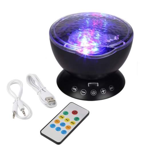 Lampa Laser Proiector LED RGB cu Difuzor, Redare Sunete ale Naturii, AUX, MicroSD, USB, Cablu Jack, USB si Telecomanda