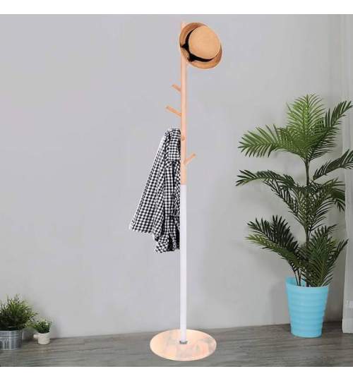 Cuier Elegant tip Pom model Scandinav cu 6 Agatatori, baza din Marmura, 172 cm, Culoare Portocaliu/Gri/Natur