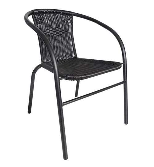 Scaun Rattan si Metal pentru Curte, Gradina, Terasa sau Balcon, Stivuibil, Culoare Negru