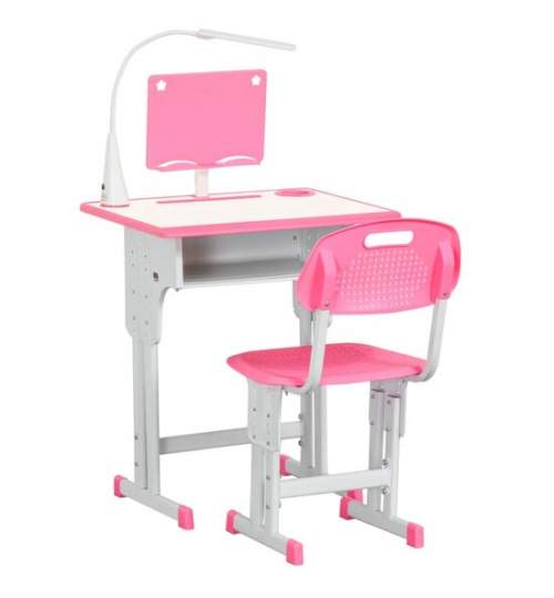 Birou cu scaun pentru copii 6-12 ani, inaltime reglabila, PP, MDF, otel, lampa USB, roz MART-AR120033