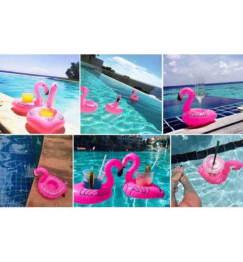 Suport colac gonflabil pentru bauturi sau accesorii piscina tip Flamingo, culoare Roz