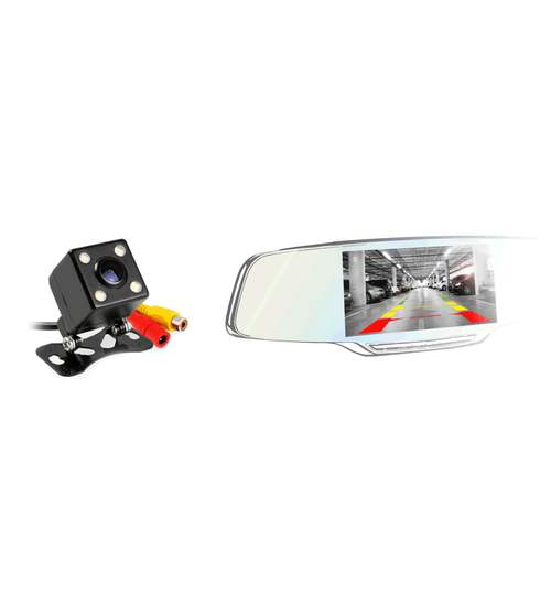 Pachet Oglinda Auto Retrovizoare cu Display 5 Inch, Camera Video Marsarier si Camera Video DVR Full HD 1080 Vordon pentru Inregistrare Trafic