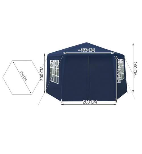 Cort Pavilion Hexagon pentru Gradina, Curte sau Evenimente, Diametru 4m cu 6 Pereti Laterali, Culoare Albastru