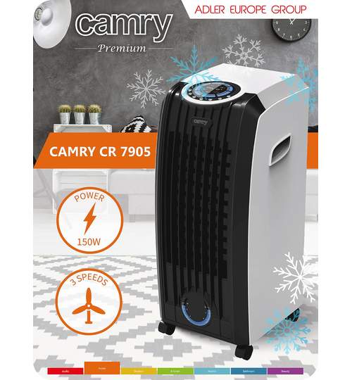 Aparat de Aer Conditionat Clima Mobila Portabila Camry 3-in-1 cu Telecomanda, Timer, Functie de Racire, Umidificare, Purificare, 3 Viteze, Oscilare, Rezervor Apa 8L