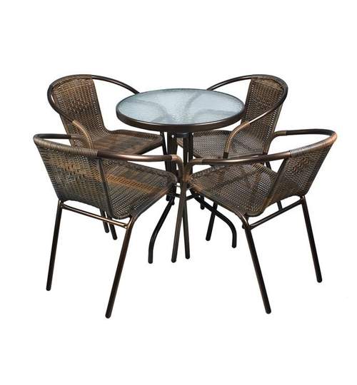 Set Masa Rotunda + 4 Scaune Rattan pentru Curte, Gradina, Terasa sau Balcon