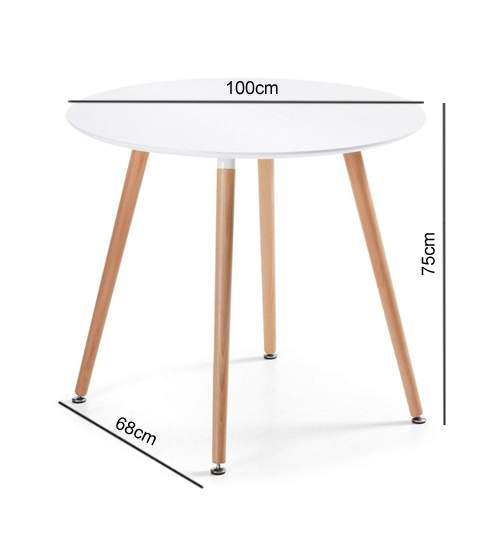 Masuta rotunda MDF moderna cu 4 picioare, culoare alb, diametru 100cm