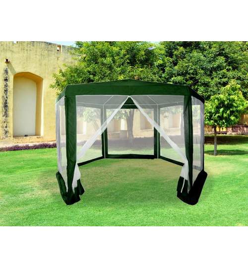 Cort Pavilion Hexagon cu Diametru 4m pentru Curte sau Gradina cu 6 Pereti tip Plasa Anti Insecte, Culoare Verde