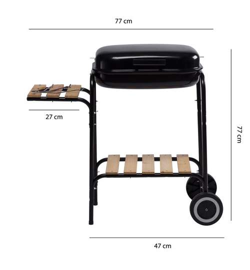 Gratar Mobil cu Raft Lateral, Capac, Roti si Gril pentru Carbuni, Dimensiuni 77x77cm