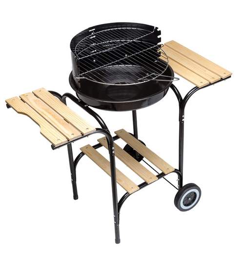 Gratar Mobil Rotund cu Raft Lateral, Capac, Roti si Gril pentru Carbuni, Diametru 42cm, Inaltime Reglabila