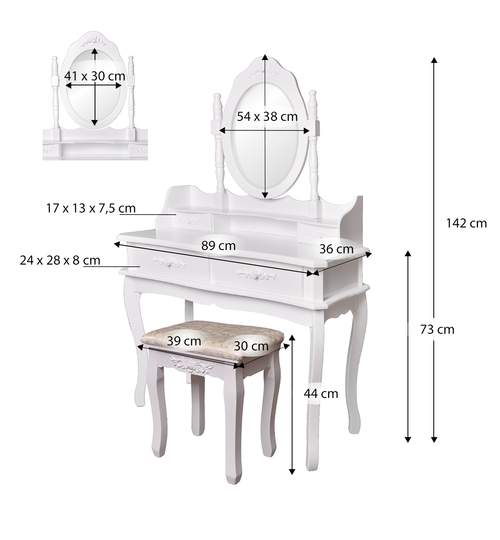 Set Masa Toaleta pentru Machiaj cu Oglinda Ovala Reglabila, 4 Sertare + Scaun, Culoare Alb