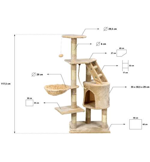 Ansamblu de Joaca pentru Pisici tip Turn, 5 Nivele, Culoare Bej