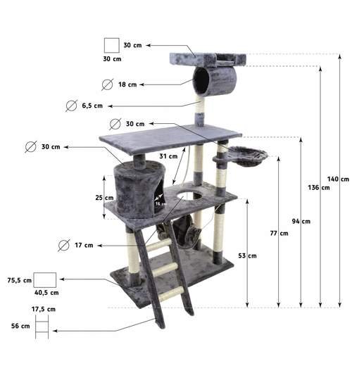 Ansamblu de Joaca pentru Pisici pe 5 Nivele 140cm cu Scari si Casute, Culoare Bej