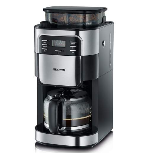 Cafetiera Filtru pentru Cafea Boabe cu Rasnita Macinare Incorporata Severin, Putere 1000W, Capacitate 1.25L, Negru/Argintiu