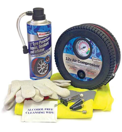 Kit reparatie pana roata Streetwize, Compresor aer 12V, Spray raparat pana 450ml, Vesta, Manusi, Servetele, Kft Auto