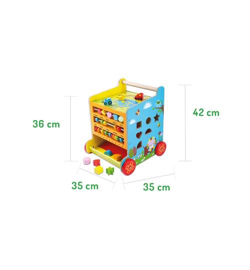 Antepremergator tip Cub Multifunctional din Lemn cu Tabla de Scris, Accesorii si Abac pentru Copii