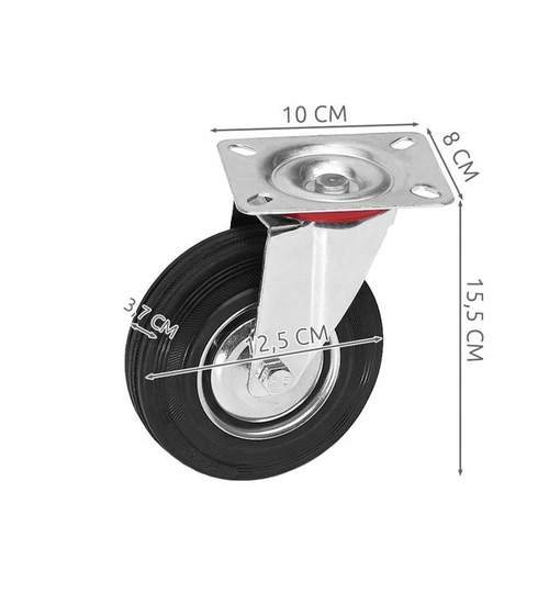 Roata Pivotanta din Cauciuc cu Placa Metalica pentru Carucioare sau Diverse Obiecte, Diametrul 12,5cm, Grosime Roata 3,7cm