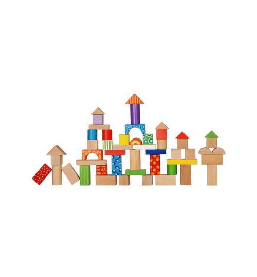 Set 100 Jucarii Forme din Lemn EcoToys, Diverse Forme Geometrice Multicolore